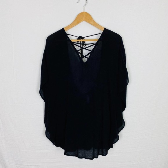 Francesca's Womens Scoop Back Top Small Black White Pompom Swim Cover-Up - Picture 2 of 10